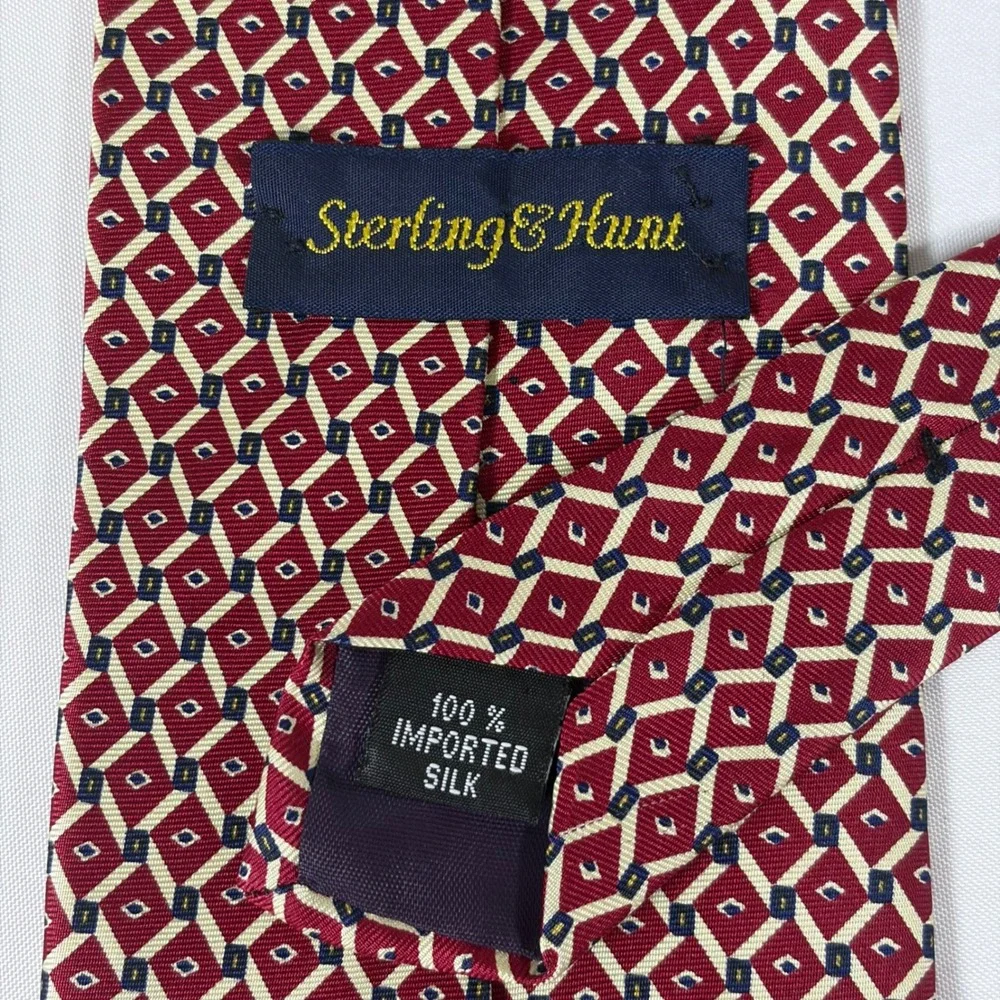 Sterling‎ & Hunt Mens Red Silk Geometric Diamond Pattern Necktie Formal Business